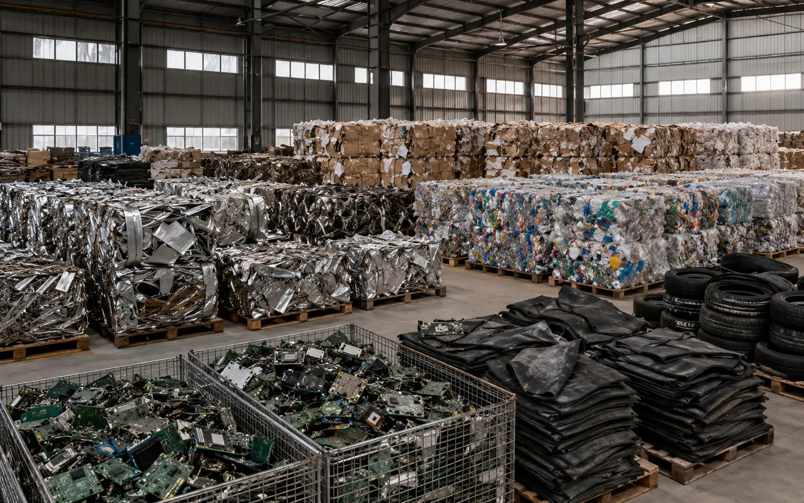 Baled industrial scrap and recyclable materials in a warehouse